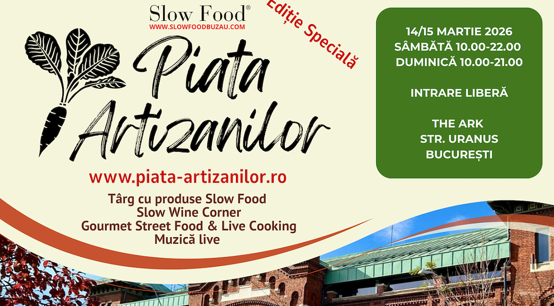 Piața Artizanilor Slow Food ajunge la București cu produse locale și degustări Pasionații de gastronomie și produse locale sunt așteptați în acest weekend la București, unde Asociația Slow Food Buzău organizează prima ediție a Pieței Artizanilor în Capitală