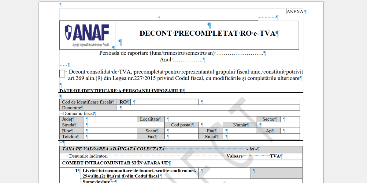 ANAF modifică formularul 300 pentru a reflecta schimbările de TVA Agenția Națională de Administrare Fiscală (ANAF) a emis un proiect de ordin care vizează modificarea formularului 300, cunoscut drept „Decont de taxă pe valoarea adăugată”