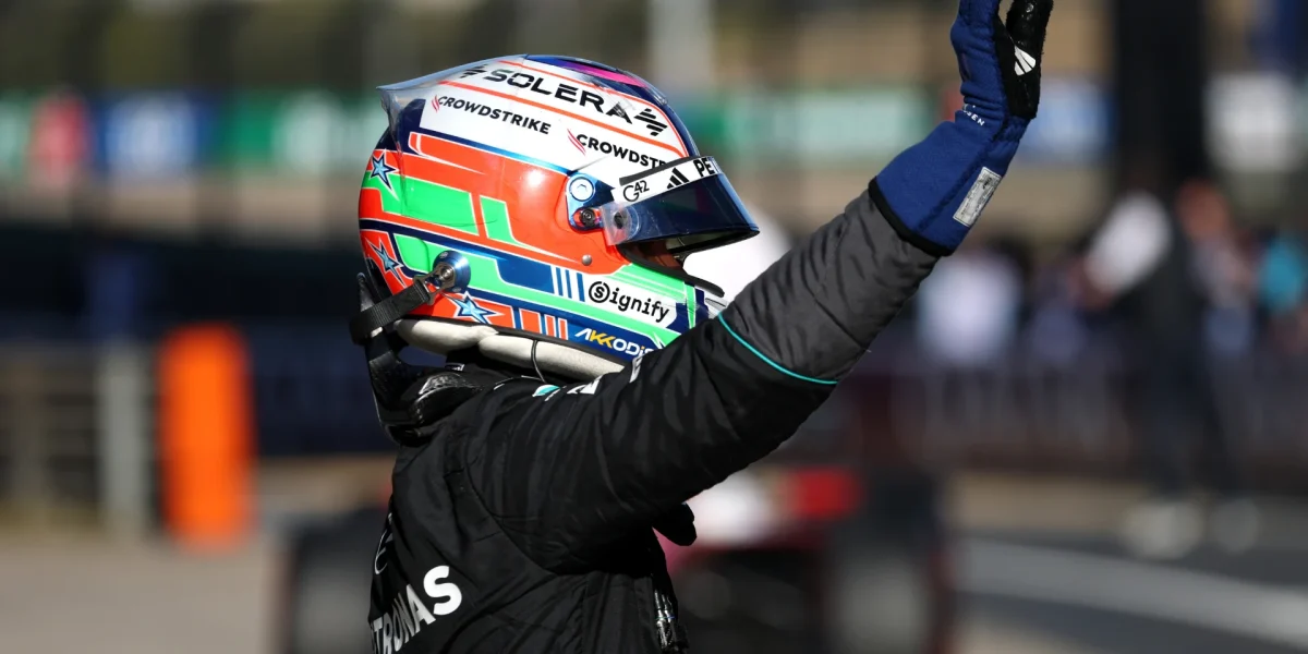 SHANGHAI, CHINA - MARCH 13: Pole position qualifier George Russell of Great Britain and Mercedes
