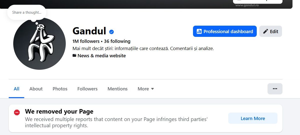 Facebook a închis pagina ziarului Gândul, cu peste un milion de urmăritori, pe 22 februarie 2026, fără vreo explicație