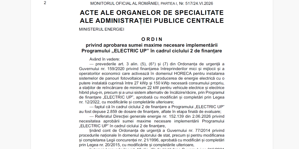Electric-Up: 596 milioane lei, bugetul alocat pentru firme. Se plătesc ajutoarele